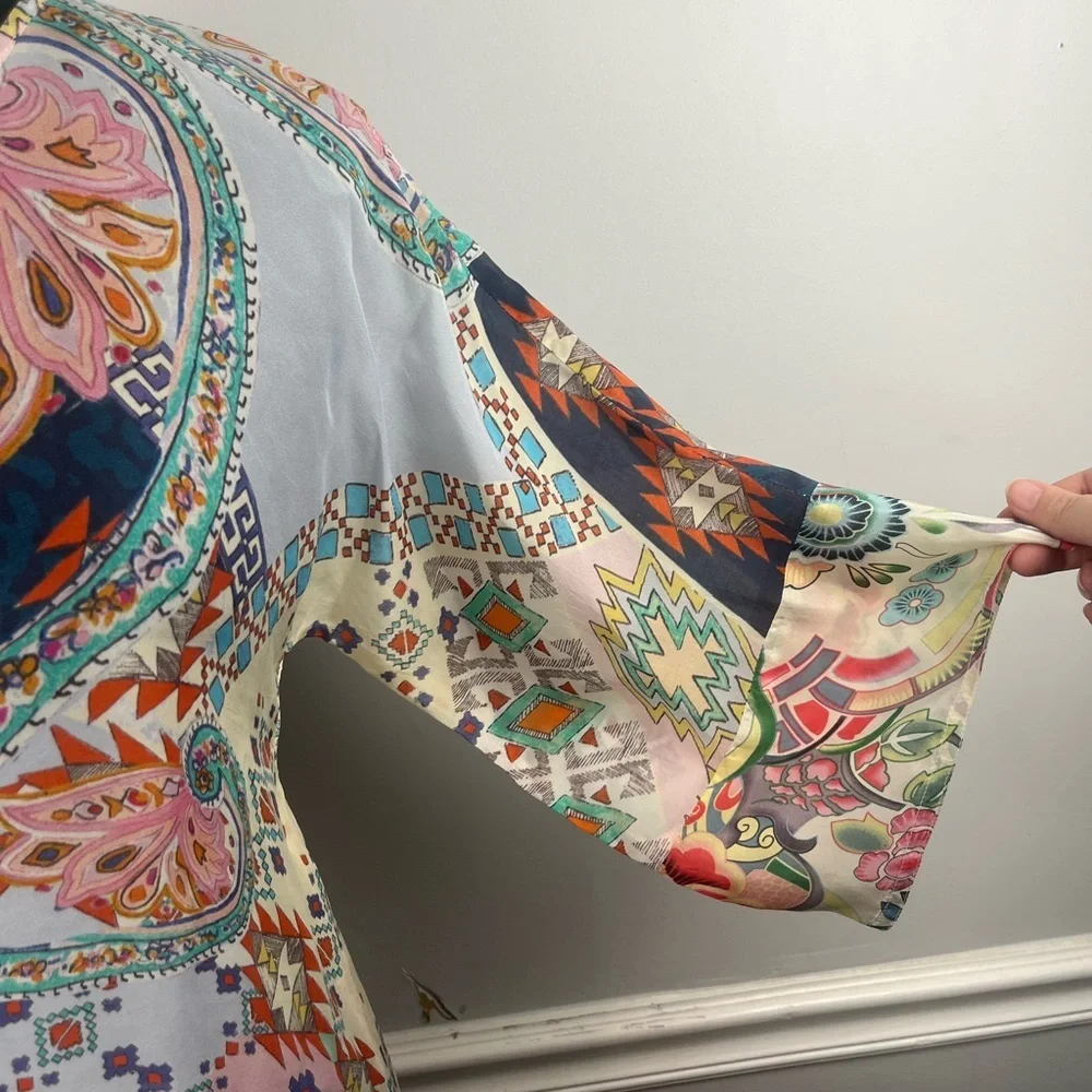Johnny Was multi color tunic sheer tie blouse size XS